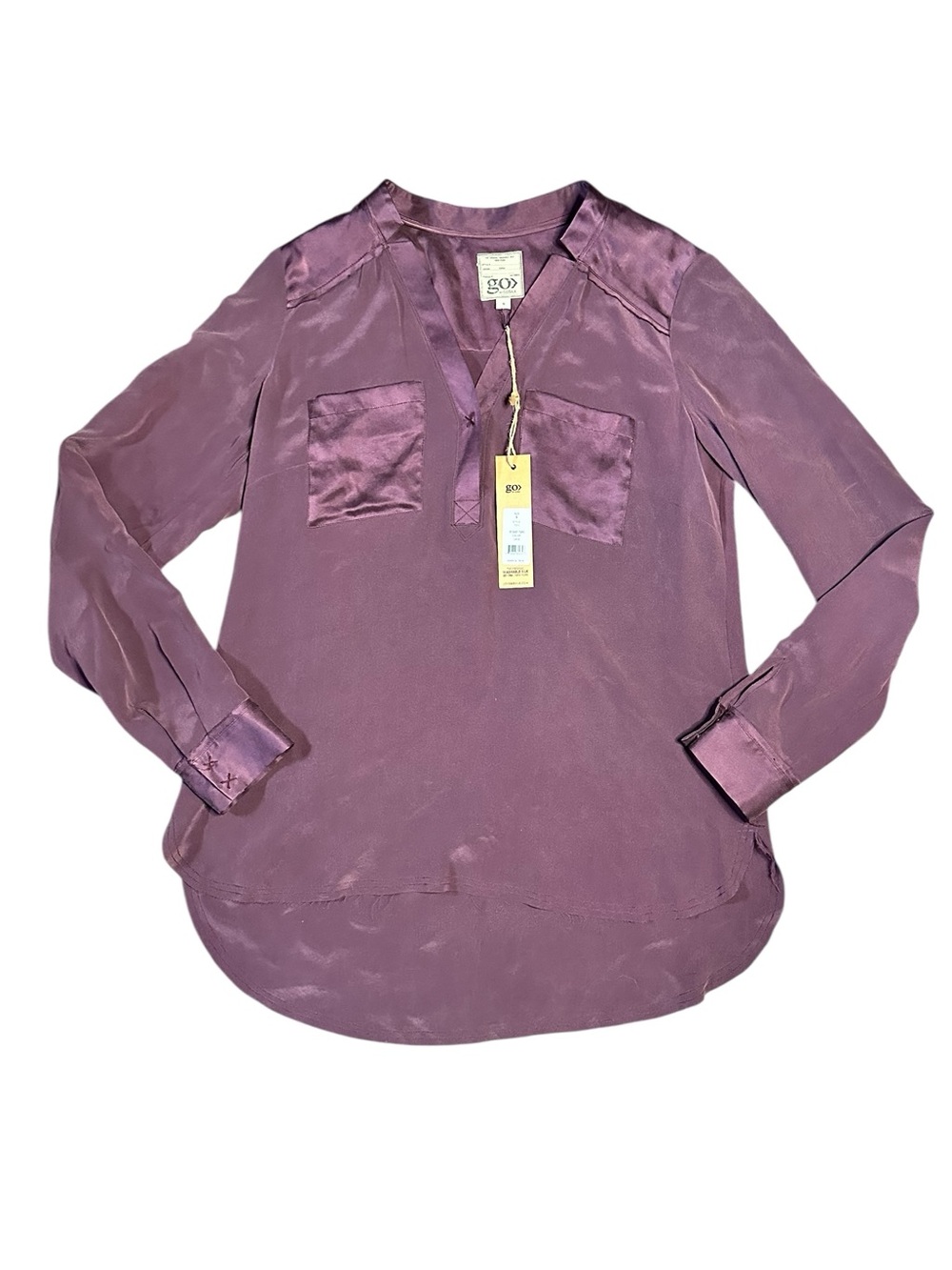 GO BY GO SILK Satin Mauve Long-Sleeve Pocket Blouse NWT S